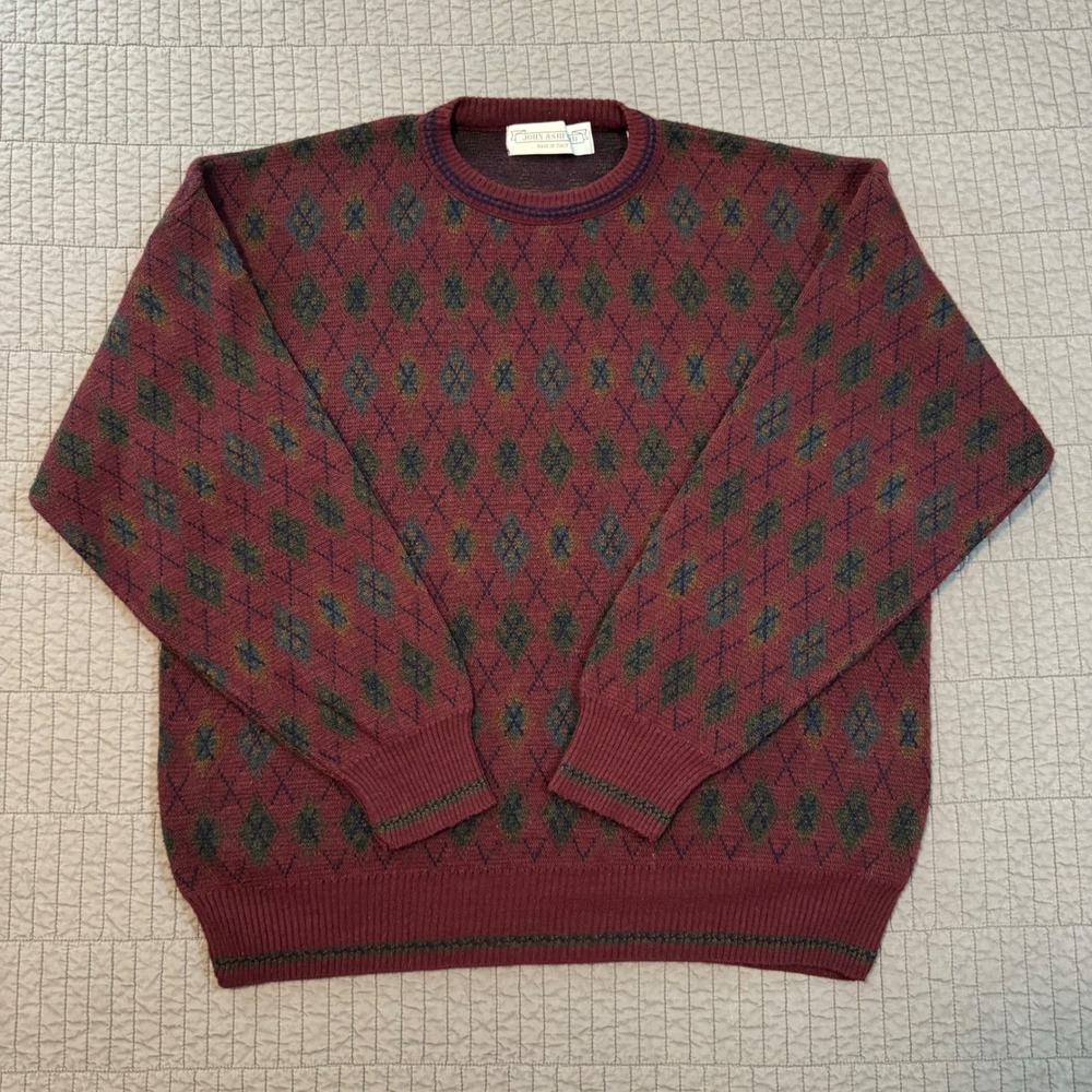 Vtg 90s John Ashford Sweater Men XL Red Wool‎ Blend Made In Italy Geometric Knit
